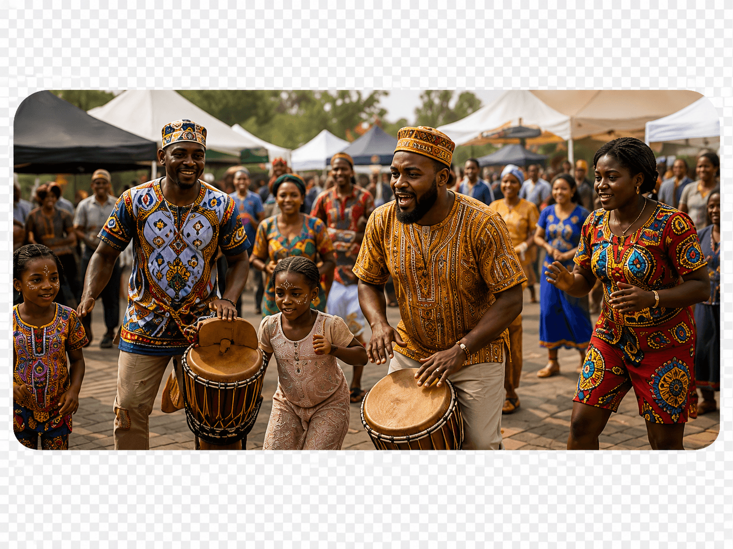 African Festival participants dancing and drumming outdoors